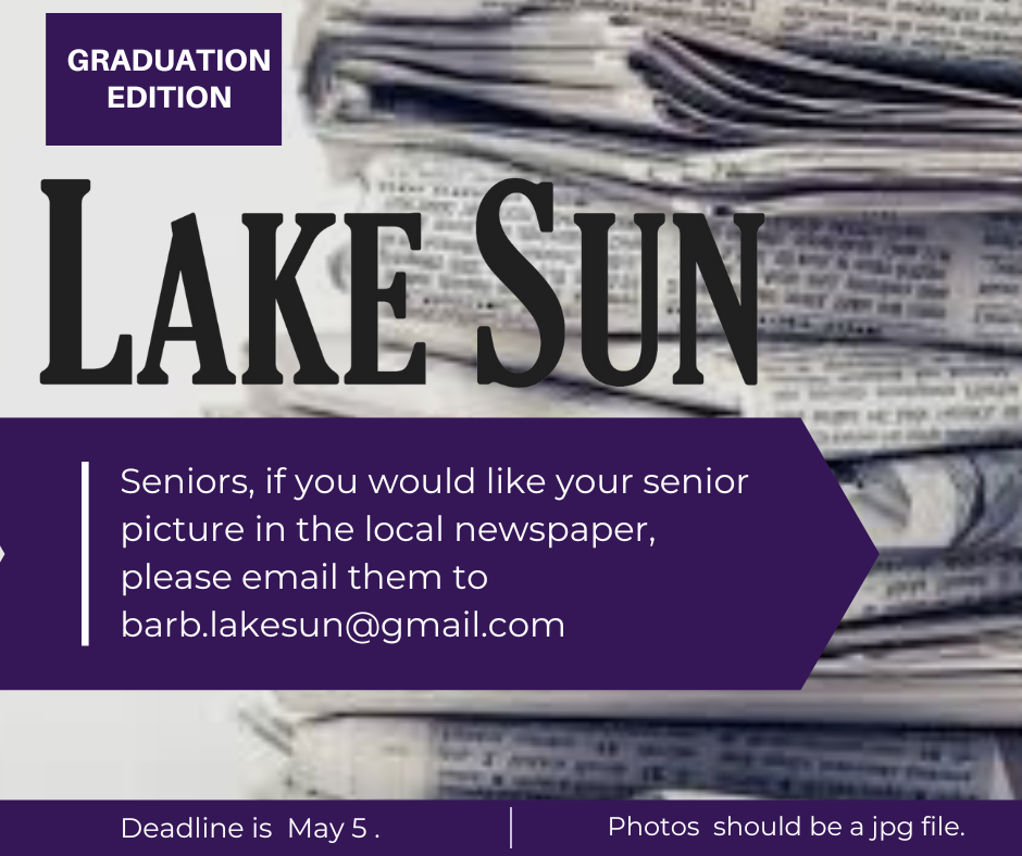 send senior pics (jpg) to barb.lakesun@gmail.com