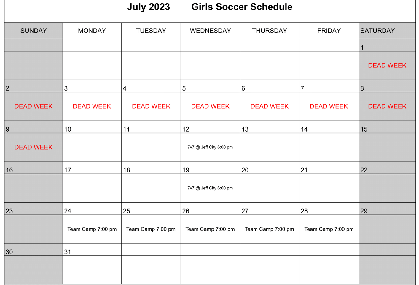 July Soccer Schedule