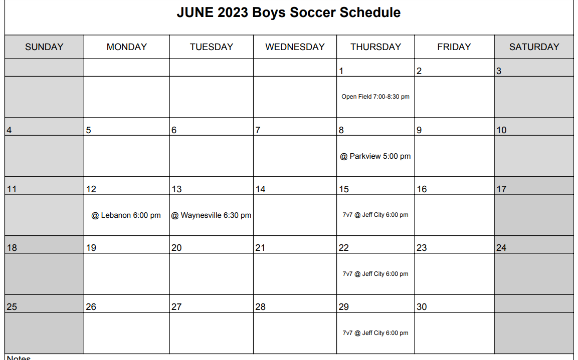 June Soccer Calendar